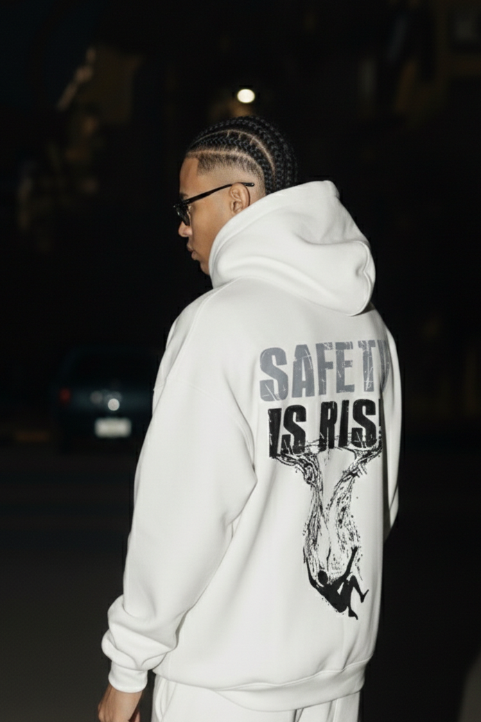 SAFETY IS RISK WHITE HOODIE